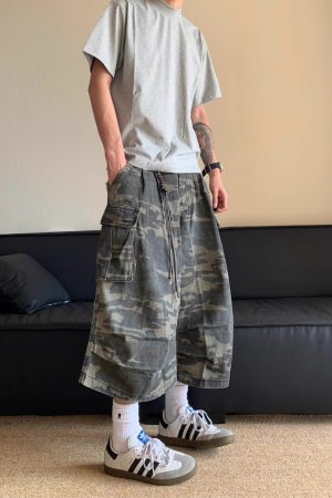 American Retro Camouflage Multi-Pocket Denim Shorts for Men and Women, Casual Loose Straight Cut 90s Style Seven-Point Pants