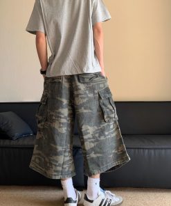 American Retro Camouflage Multi-Pocket Denim Shorts for Men and Women, Casual Loose Straight Cut 90s Style Seven-Point Pants