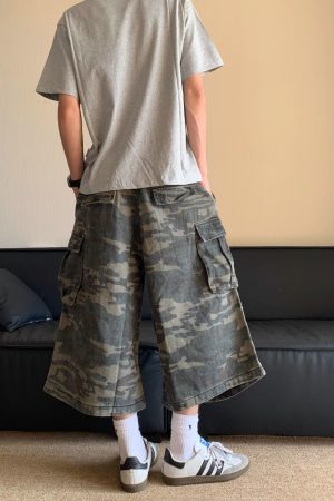 American Retro Camouflage Multi-Pocket Denim Shorts for Men and Women, Casual Loose Straight Cut 90s Style Seven-Point Pants