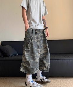 American Retro Camouflage Multi-Pocket Denim Shorts for Men and Women, Casual Loose Straight Cut 90s Style Seven-Point Pants