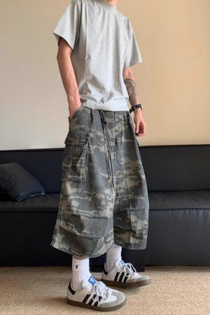 American Retro Camouflage Multi-Pocket Denim Shorts for Men and Women, Casual Loose Straight Cut 90s Style Seven-Point Pants