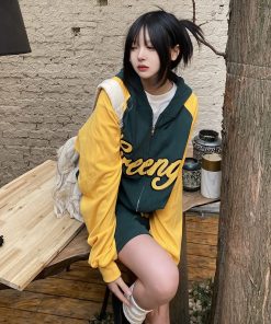 American Retro Color Block Hoodie for Students - Loose Slimming Versatile Sweatshirt Inspired by 90s Y2K Style