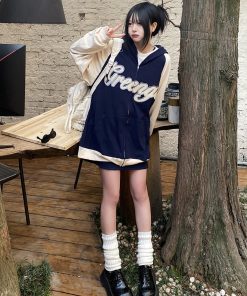 American Retro Color Block Hoodie for Students - Loose Slimming Versatile Sweatshirt Inspired by 90s Y2K Style