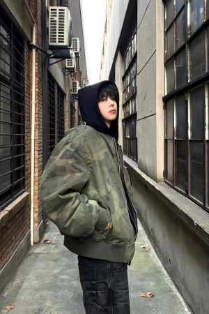 American Retro Faux Two-Piece Camouflage Hooded Jacket for Men and Women, Spring Autumn Bomber Style, High-End Pilot Look