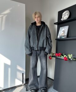 American Retro Faux Two-Piece Hooded Leather Jacket for Men & Women, Spring Autumn Patchwork Flight Jacket, PU Leather Style