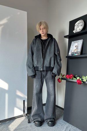 American Retro Faux Two-Piece Hooded Leather Jacket for Men & Women, Spring Autumn Patchwork Flight Jacket, PU Leather Style