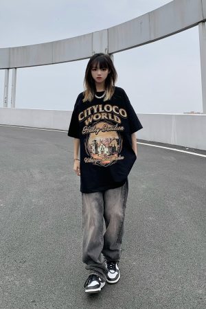 American Retro Fun Letter Print Short Sleeve T-Shirt for Women & Men, Loose Casual Streetwear, Pure Cotton, Y2K Style