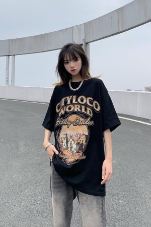 American Retro Fun Letter Print Short Sleeve T-Shirt for Women & Men, Loose Casual Streetwear, Pure Cotton, Y2K Style