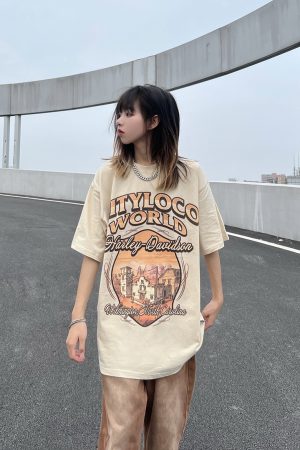 American Retro Fun Letter Print Short Sleeve T-Shirt for Women & Men, Loose Casual Streetwear, Pure Cotton, Y2K Style