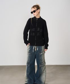 American Retro Gothic Embroidered Knitted Zip-Up Sweater Cardigan for Women - Vintage Style Outerwear