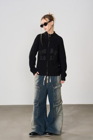 American Retro Gothic Embroidered Knitted Zip-Up Sweater Cardigan for Women - Vintage Style Outerwear
