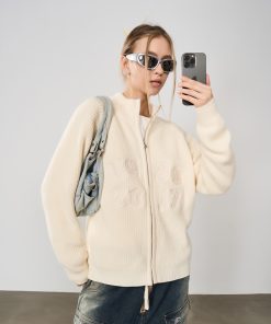 American Retro Gothic Embroidered Knitted Zip-Up Sweater Cardigan for Women - Vintage Style Outerwear