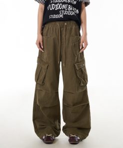 American Retro High Street Multi-Pocket Work Pants for Women - Loose Straight-Leg Pleated Wide-Leg Trousers, Y2K Fashion