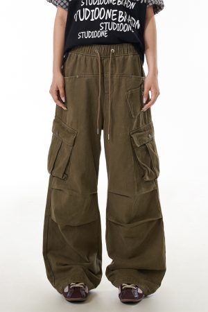 American Retro High Street Multi-Pocket Work Pants for Women - Loose Straight-Leg Pleated Wide-Leg Trousers, Y2K Fashion