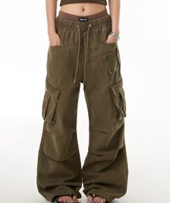 American Retro High Street Multi-Pocket Work Pants for Women - Loose Straight-Leg Pleated Wide-Leg Trousers, Y2K Fashion