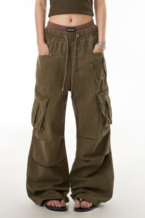 American Retro High Street Multi-Pocket Work Pants for Women - Loose Straight-Leg Pleated Wide-Leg Trousers, Y2K Fashion