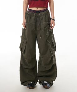 American Retro High Street Multi-Pocket Work Pants for Women - Loose Straight-Leg Pleated Wide-Leg Trousers, Y2K Fashion