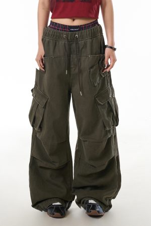 American Retro High Street Multi-Pocket Work Pants for Women - Loose Straight-Leg Pleated Wide-Leg Trousers, Y2K Fashion