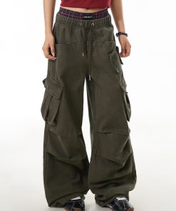American Retro High Street Multi-Pocket Work Pants for Women - Loose Straight-Leg Pleated Wide-Leg Trousers, Y2K Fashion