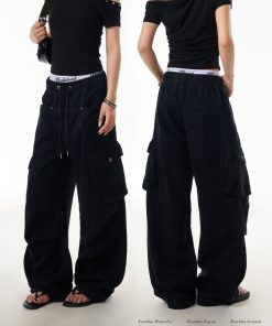 American Retro High Street Multi-Pocket Work Pants for Women - Loose Straight-Leg Pleated Wide-Leg Trousers, Y2K Fashion