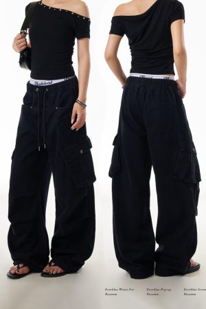 American Retro High Street Multi-Pocket Work Pants for Women - Loose Straight-Leg Pleated Wide-Leg Trousers, Y2K Fashion