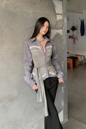 American Retro Lace Plaid Spliced High-Sensitivity Two-Way Knit Tie Striped Long Sleeve Shirt - Y2K Fashion