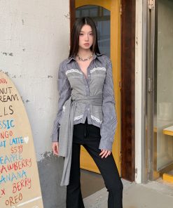 American Retro Lace Plaid Spliced High-Sensitivity Two-Way Knit Tie Striped Long Sleeve Shirt - Y2K Fashion