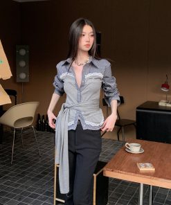 American Retro Lace Plaid Spliced High-Sensitivity Two-Way Knit Tie Striped Long Sleeve Shirt - Y2K Fashion