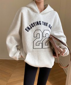 American Retro Letter Hoodie for Women - Thick Plush Pullover Coat, Mid-Length, Loose Fit, Autumn Winter Casual Style