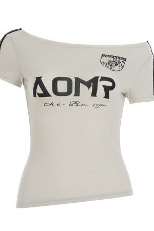 American Retro Letter Print Asymmetrical Shoulder Short Sleeve T-Shirt - 90s Inspired Waist-Cinching Off-Shoulder Top for Summer Sports Style