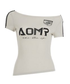 American Retro Letter Print Asymmetrical Shoulder Short Sleeve T-Shirt - 90s Inspired Waist-Cinching Off-Shoulder Top for Summer Sports Style