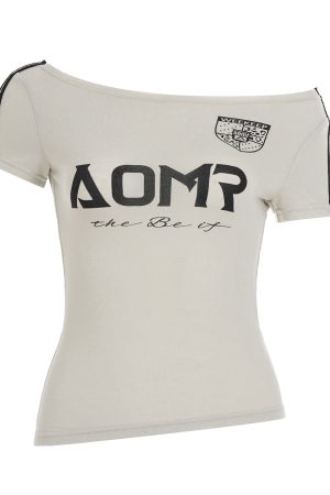 American Retro Letter Print Asymmetrical Shoulder Short Sleeve T-Shirt - 90s Inspired Waist-Cinching Off-Shoulder Top for Summer Sports Style