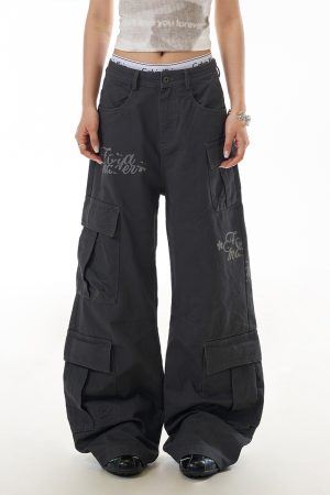 American Retro Letter Print Multi-Pocket Curved Knife Work Pants for Women - Loose Straight Casual Trousers, Y2K Style