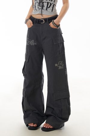 American Retro Letter Print Multi-Pocket Curved Knife Work Pants for Women - Loose Straight Casual Trousers, Y2K Style