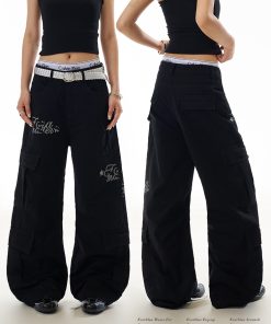 American Retro Letter Print Multi-Pocket Curved Knife Work Pants for Women - Loose Straight Casual Trousers, Y2K Style