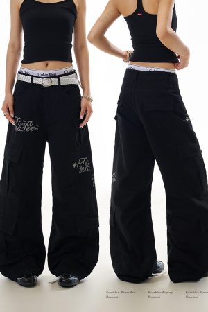 American Retro Letter Print Multi-Pocket Curved Knife Work Pants for Women - Loose Straight Casual Trousers, Y2K Style