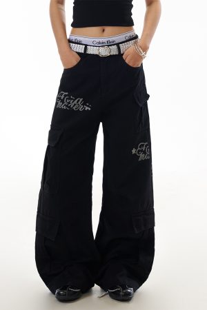 American Retro Letter Print Multi-Pocket Curved Knife Work Pants for Women - Loose Straight Casual Trousers, Y2K Style