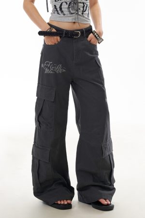 American Retro Letter Print Multi-Pocket Curved Knife Work Pants for Women - Loose Straight Casual Trousers, Y2K Style