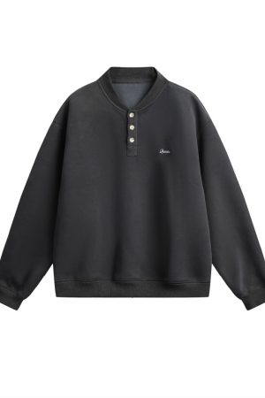 American Retro Minimalist Henley Collar Sweatshirt for Men and Women - Loose Casual Long Sleeve Pullover Top for Spring and Autumn
