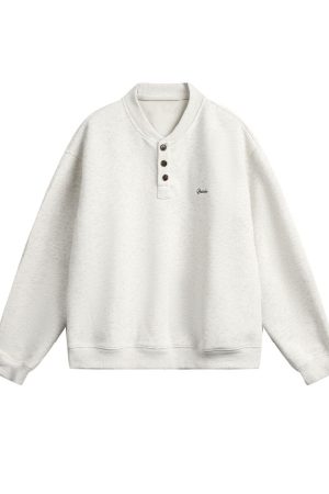American Retro Minimalist Henley Collar Sweatshirt for Men and Women - Loose Casual Long Sleeve Pullover Top for Spring and Autumn