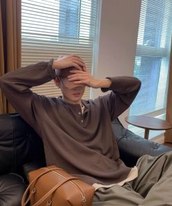 American Retro Oversized Two-Piece Henley Long Sleeve T-Shirt for Men and Women - Casual Y2K Fashion for Spring and Autumn