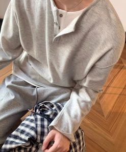 American Retro Oversized Two-Piece Henley Long Sleeve T-Shirt for Men and Women - Casual Y2K Fashion for Spring and Autumn