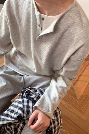 American Retro Oversized Two-Piece Henley Long Sleeve T-Shirt for Men and Women - Casual Y2K Fashion for Spring and Autumn