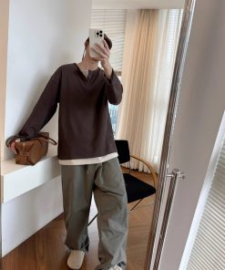 American Retro Oversized Two-Piece Henley Long Sleeve T-Shirt for Men and Women - Casual Y2K Fashion for Spring and Autumn