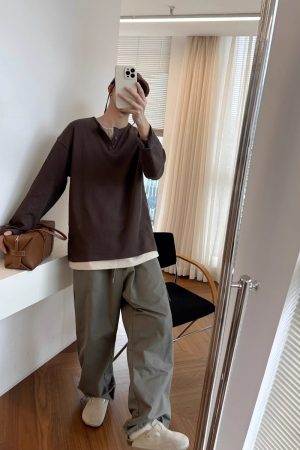 American Retro Oversized Two-Piece Henley Long Sleeve T-Shirt for Men and Women - Casual Y2K Fashion for Spring and Autumn