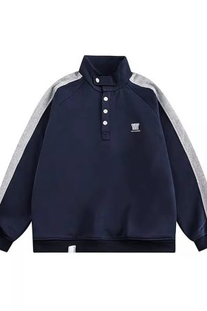 American Retro Patchwork Stand Collar Casual Pullover Sweatshirt for Men & Women - Vintage Raglan Sleeve Couple Jacket, Spring Autumn Trend