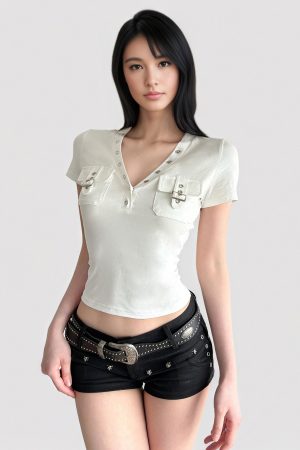American Retro Striped V-Neck Pocket Cropped T-Shirt - Workwear Style, Low-Cut, Summer Essential for 90s and Y2K Fashion Lovers