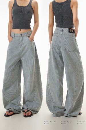 American Retro Striped Wide-Leg Jeans for Women, Trendy Draped Curved Slim Pants, Street Style Fashion