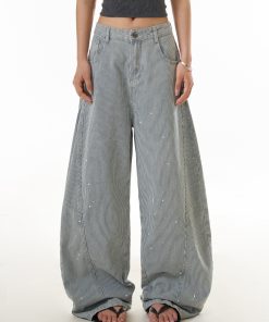 American Retro Striped Wide-Leg Jeans for Women, Trendy Draped Curved Slim Pants, Street Style Fashion
