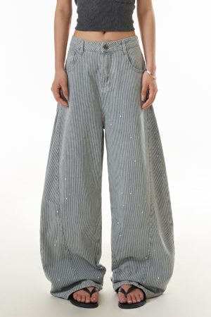 American Retro Striped Wide-Leg Jeans for Women, Trendy Draped Curved Slim Pants, Street Style Fashion